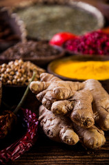 Colorful theme with spices on wooden table