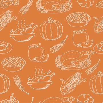 Thanksgiving seamless pattern sketch doodle on orange background