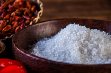 Wooden table of traditional Asian spices