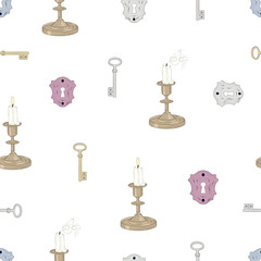 keys candles and locks seamless pattern
