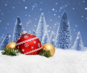 Naklejka na ściany i meble Weihnachtshintergrund mit Kugeln und Schnee