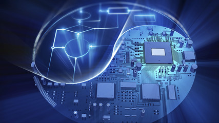 Yin-yang symbol made of mainboard and glowing electric scheme