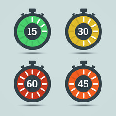 Timer icons with color gradation and numbers in flat style on a