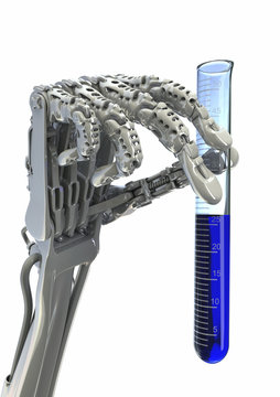 Robot researcher. Robotic arm keeps a chemical beaker.
