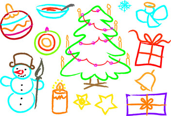 Children's drawings of kids,christmastree, snowman, objects