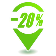 moins 20 pour 100 sur symbole localisation vert