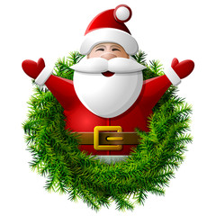 Santa Claus to waist with his hands up. Wreath of christmas tree