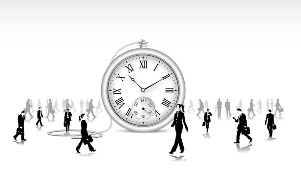 business people walking around large clock clip art preview