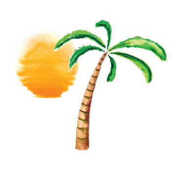 Watercolor palm tree and sun. Vector logo.