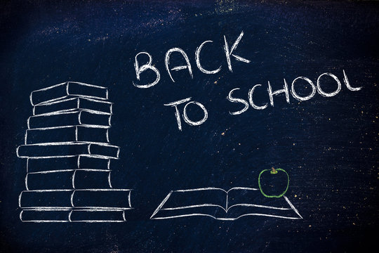 back to school: pile of books, open book and apple