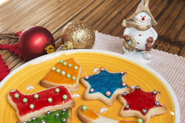Christmas handmade cookies on wooden background