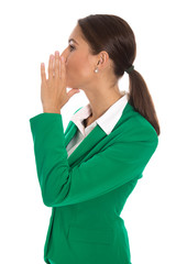 Isolated businesswoman in green blazer send message or calling u