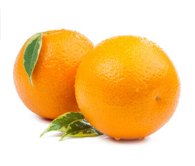 two oranges with leaves isolated