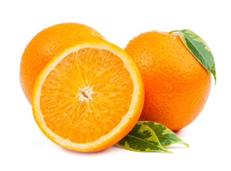 two oranges and slice with leaves isolated