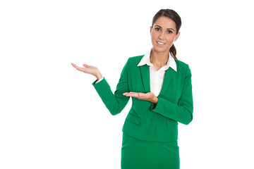 Presenting isolated businesswoman in green suit presenting new p