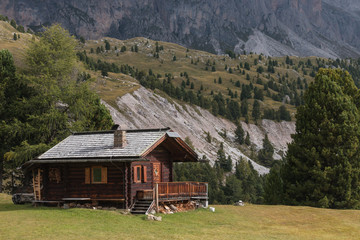 timbered mountain hut in Dolomites