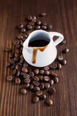 coffee syrup with beans on the wooden background