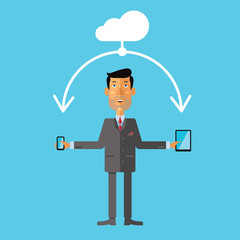 Businessman using cloud storage for smartphone and tablet