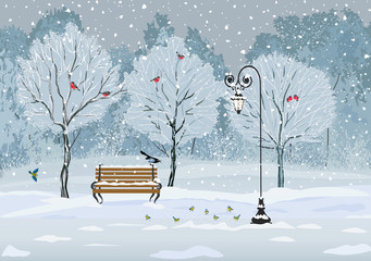Birds in the winter snowy park