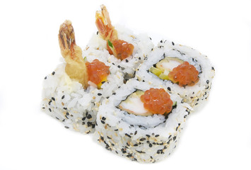 Japanese sushi with caviar on a white background