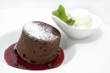 chocolate dessert with ice cream on a white background