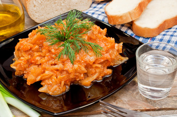 fried cabbage, vodka, bread and chives