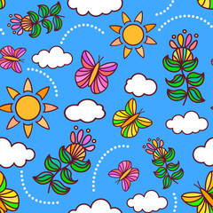 Joyful spring or summer sky seamless pattern with butterflies