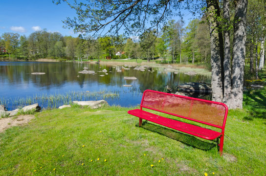 Red bench in spring natural scenery