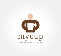 Abstract man with coffe cup vector logo icon concept. Logotype