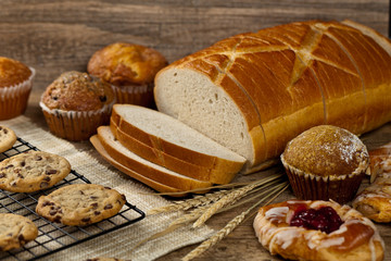Bakery products on wooden table. Selective focus.