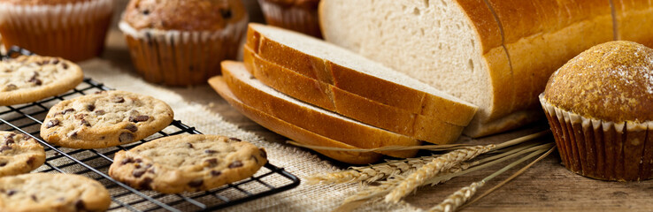 Bakery products on wooden table. Selective focus.