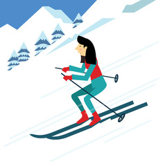 young woman skiing. flat character design. vector