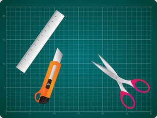 Cutting Mat With Box Cutter, Ruler and Scissors