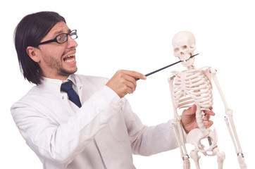 Funny teacher with skeleton isolated on white