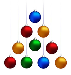 Ten multicolored christmas balls hanging like fir tree isolated