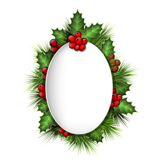 Grayscale blank frame with holly sprigs and pine branches on gra