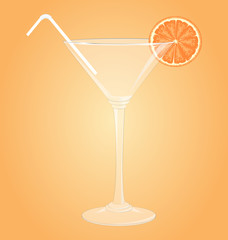 Empty glass for martini with orange and plastic tube on orange b