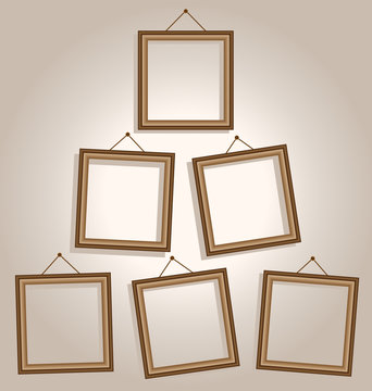 Six wooden frames hang on wall on brown background