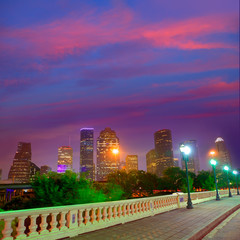 Fototapeta na wymiar Houston skyline at sunset Sabine St Texas USA