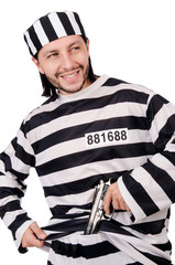 Prison inmate with gun isolated on white