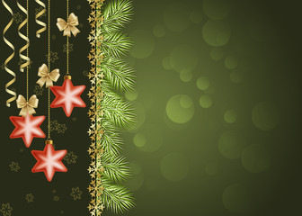 новогодний темно-зеленый фон со звездами и серпантином - obrazy, fototapety, plakaty