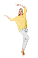 Woman pressing virtual button isolated on white