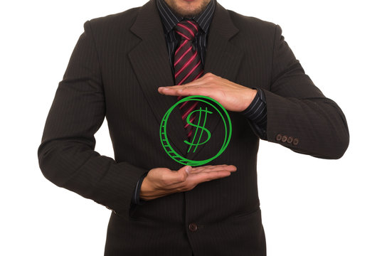 young businessman holding money drawing