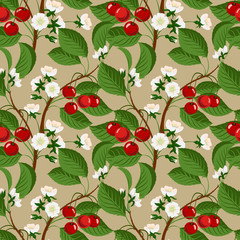 Seamless pattern with cherry berries and blossom