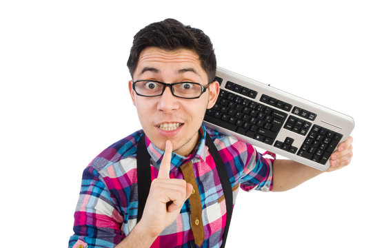 Computer nerd with keyboard isolated on white