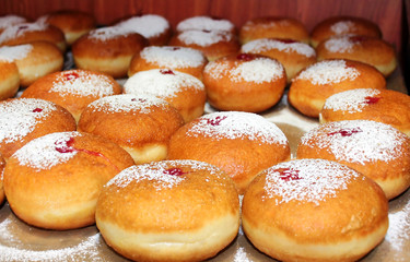 Hanukkah sufganiyot with strawberry jelly