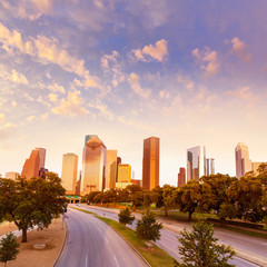 Fototapeta na wymiar Houston skyline sunset from Allen Pkwy Texas US