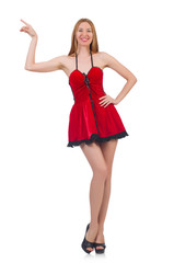 Woman pressing virtual button isolated on white