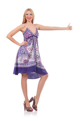 Woman giving thumbs up isolated on white