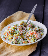 Olivier salad a festive table, new year